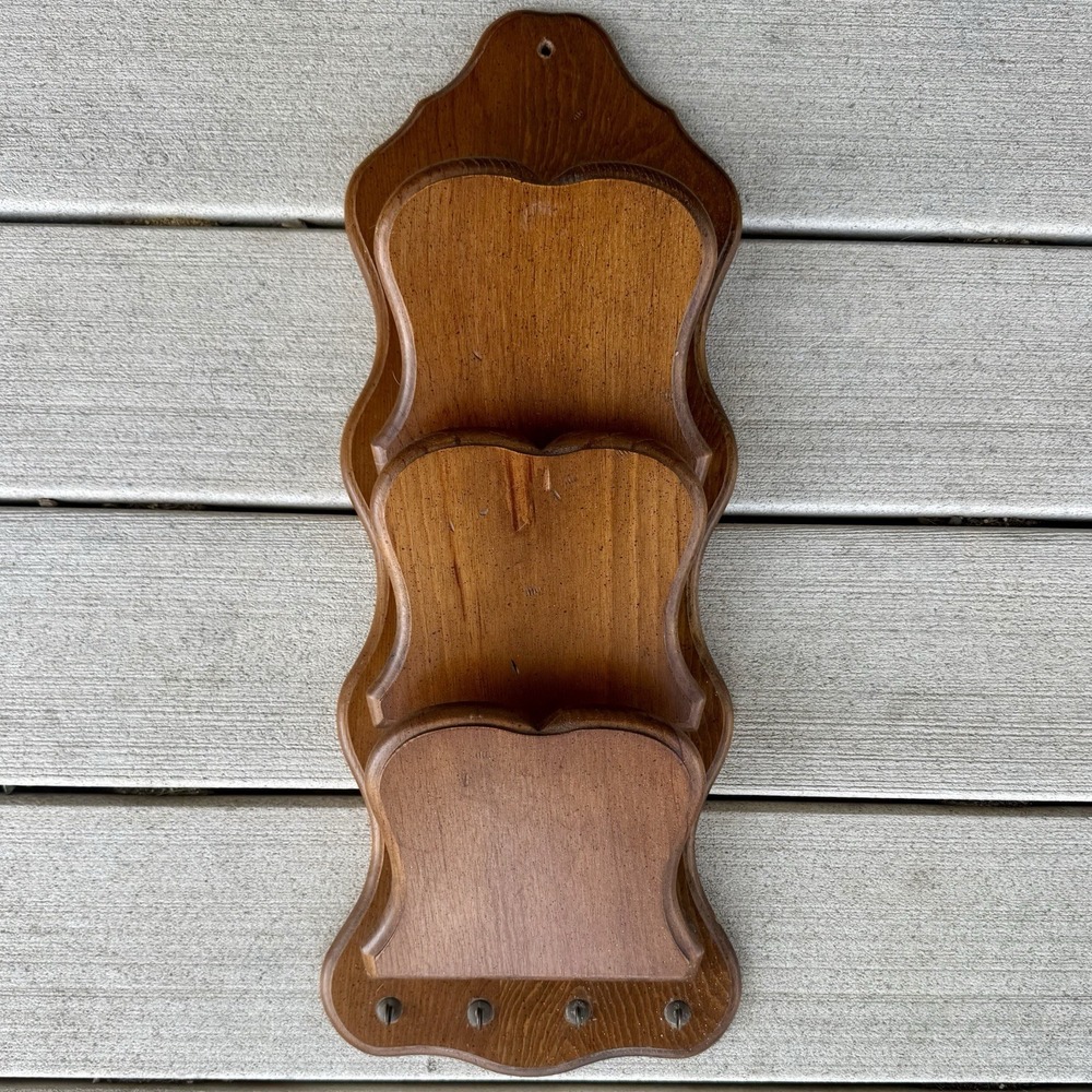VTG 80s Cottage Core Wood Wall Organizer Mail Bills Key Hooks Country Farmhouse